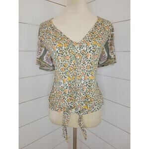 Lucky Brand medium white green & yellow floral tie up top